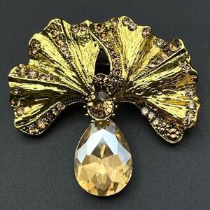 Yellow Gold with Champagne Topaz Crystal Gingko Flower Plant Pin Back Brooch